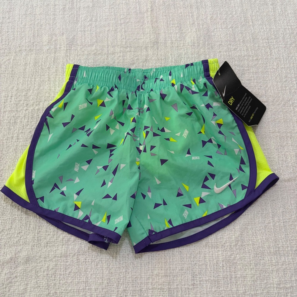 Nike Girls Dri-FIT Tempo Running Shorts Teal Lime Green Geometric Print Size S 5